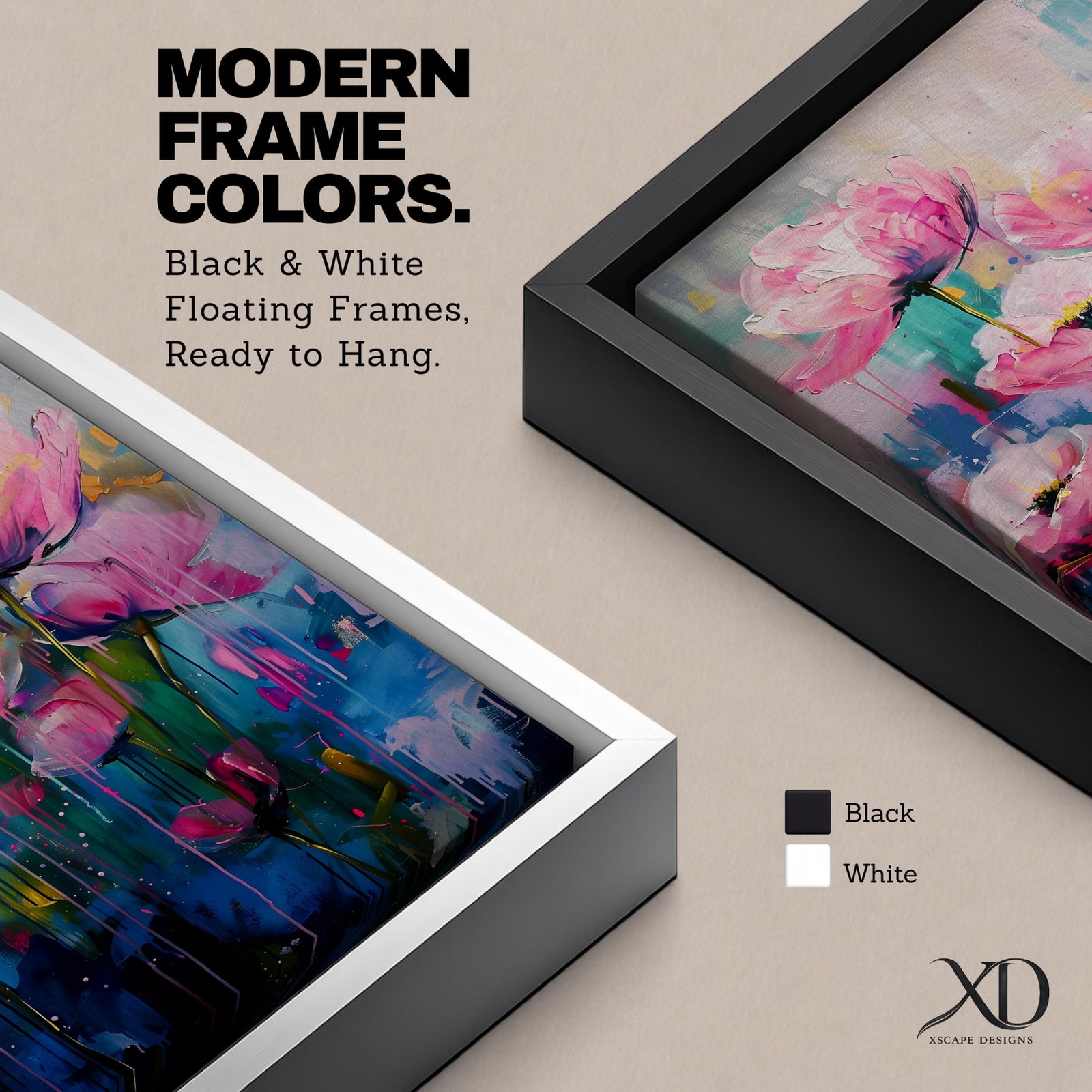 A framed watercolor painting featuring vibrant pink floral blooms with delicate petals and green stems. The artwork blends soft washes of color with bold brush strokes, creating a lively botanical composition that captures the essence of blooming flowers in an expressive and fluid style.