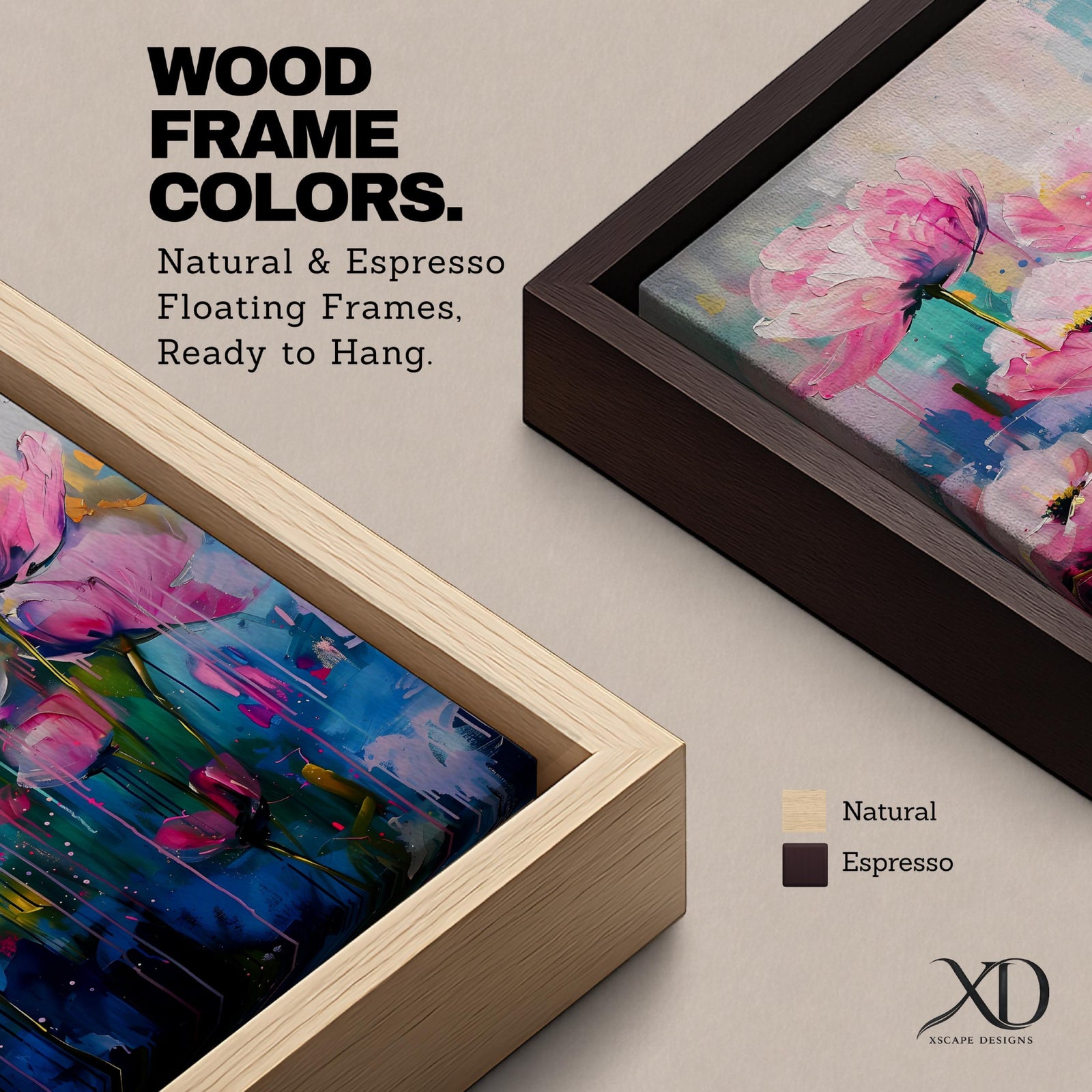 A framed watercolor painting featuring vibrant pink floral blooms with delicate petals and green stems. The artwork blends soft washes of color with bold brush strokes, creating a lively botanical composition that captures the essence of blooming flowers in an expressive and fluid style.