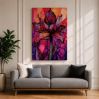 A vibrant abstract flower with detailed petal patterns resembling mosaic dots and organic shapes in red, purple, and pink hues. The composition highlights a single large bloom with stylized leaves, rendered in an abstract style emphasizing texture and color contrast.