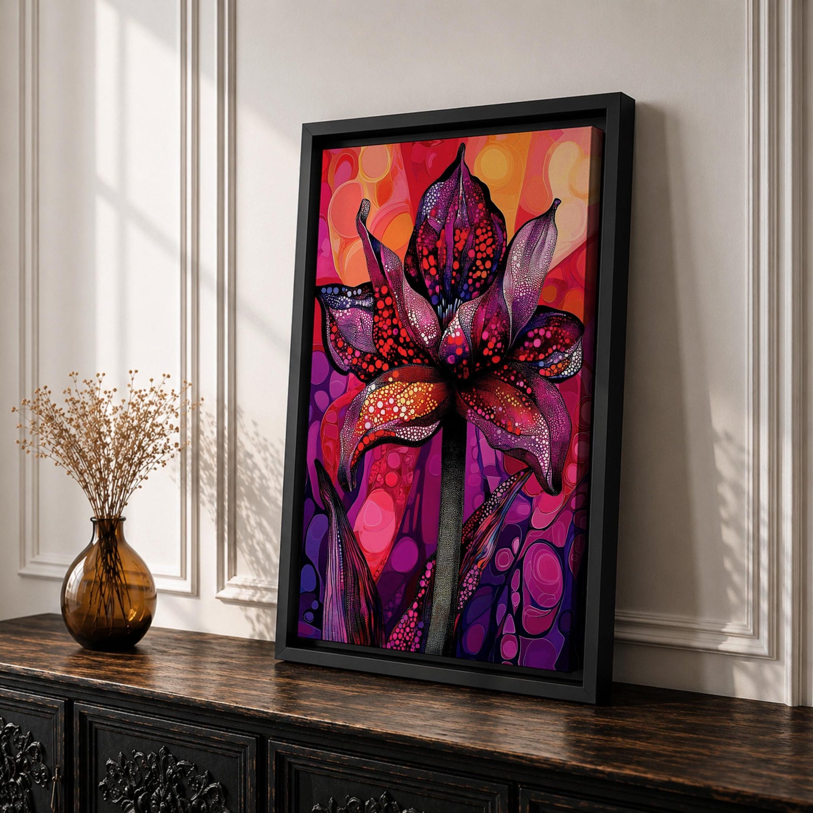 A vibrant abstract flower with detailed petal patterns resembling mosaic dots and organic shapes in red, purple, and pink hues. The composition highlights a single large bloom with stylized leaves, rendered in an abstract style emphasizing texture and color contrast.