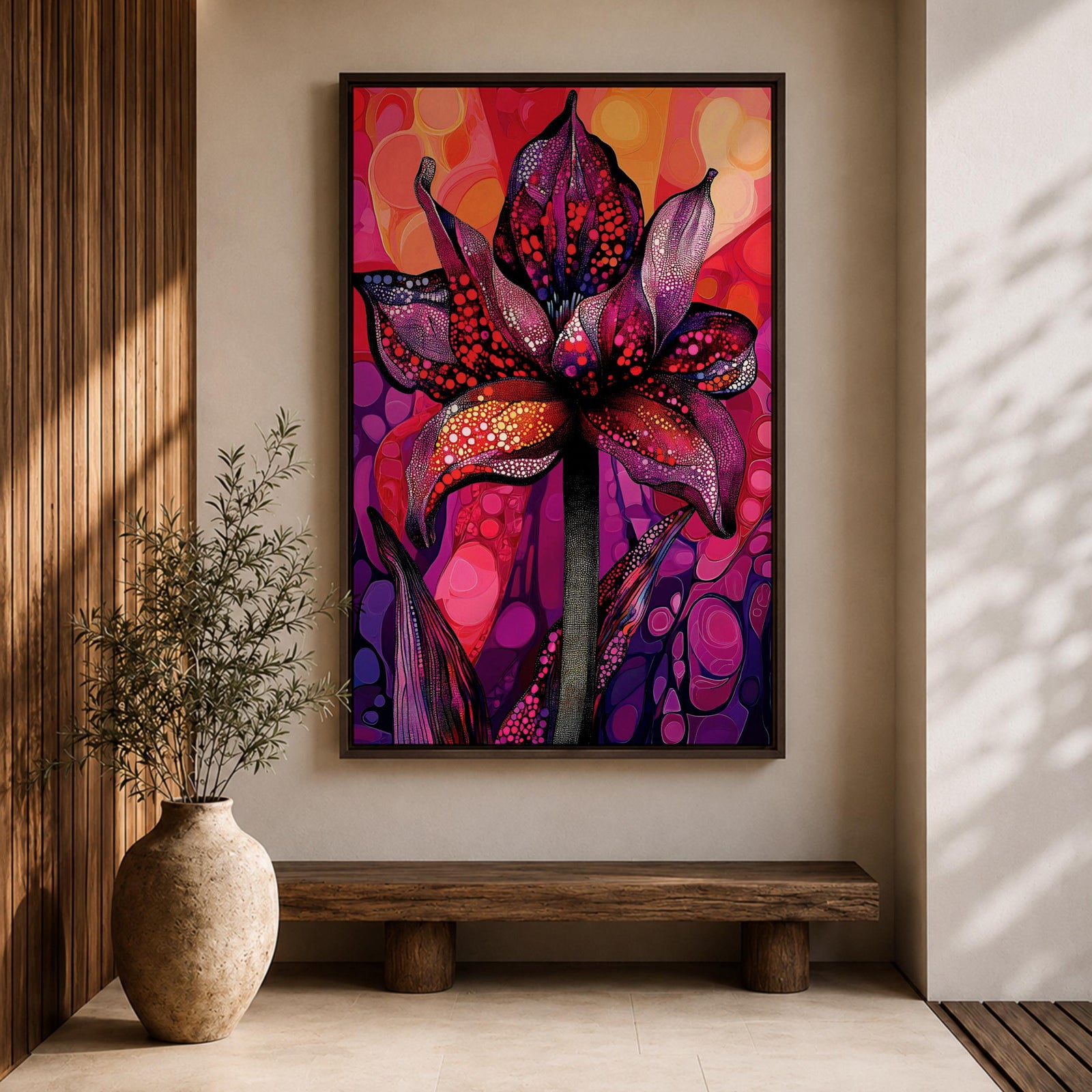 A vibrant abstract flower with detailed petal patterns resembling mosaic dots and organic shapes in red, purple, and pink hues. The composition highlights a single large bloom with stylized leaves, rendered in an abstract style emphasizing texture and color contrast.