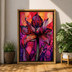 A vibrant abstract flower with detailed petal patterns resembling mosaic dots and organic shapes in red, purple, and pink hues. The composition highlights a single large bloom with stylized leaves, rendered in an abstract style emphasizing texture and color contrast.