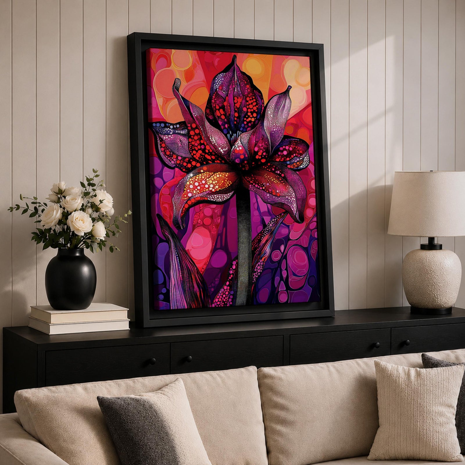 A vibrant abstract flower with detailed petal patterns resembling mosaic dots and organic shapes in red, purple, and pink hues. The composition highlights a single large bloom with stylized leaves, rendered in an abstract style emphasizing texture and color contrast.