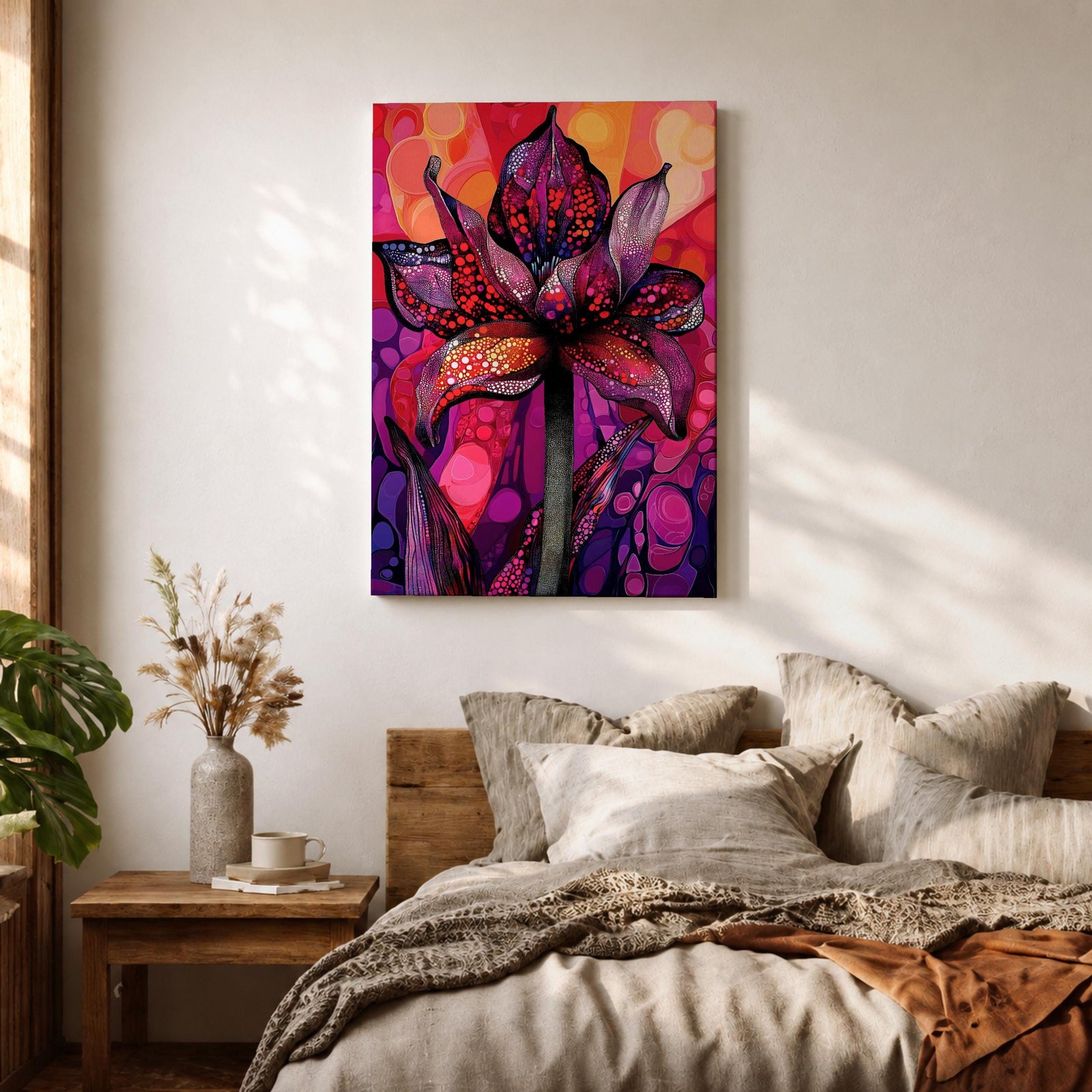 A vibrant abstract flower with detailed petal patterns resembling mosaic dots and organic shapes in red, purple, and pink hues. The composition highlights a single large bloom with stylized leaves, rendered in an abstract style emphasizing texture and color contrast.