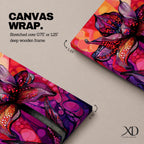 A vibrant abstract flower with detailed petal patterns resembling mosaic dots and organic shapes in red, purple, and pink hues. The composition highlights a single large bloom with stylized leaves, rendered in an abstract style emphasizing texture and color contrast.