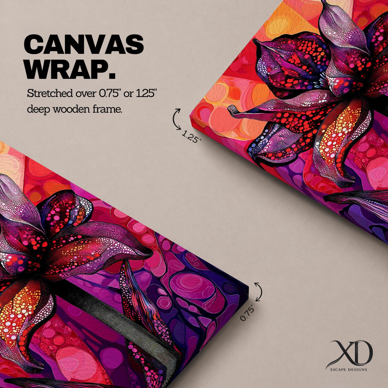 A vibrant abstract flower with detailed petal patterns resembling mosaic dots and organic shapes in red, purple, and pink hues. The composition highlights a single large bloom with stylized leaves, rendered in an abstract style emphasizing texture and color contrast.