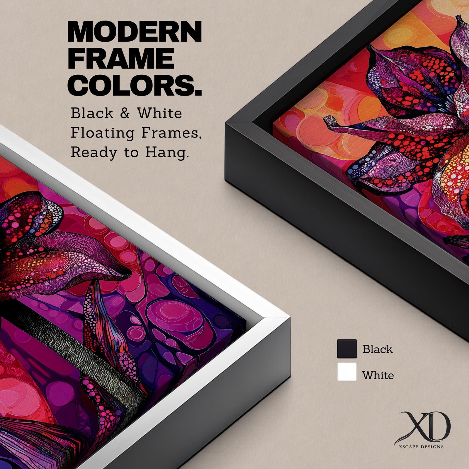 A vibrant abstract flower with detailed petal patterns resembling mosaic dots and organic shapes in red, purple, and pink hues. The composition highlights a single large bloom with stylized leaves, rendered in an abstract style emphasizing texture and color contrast.