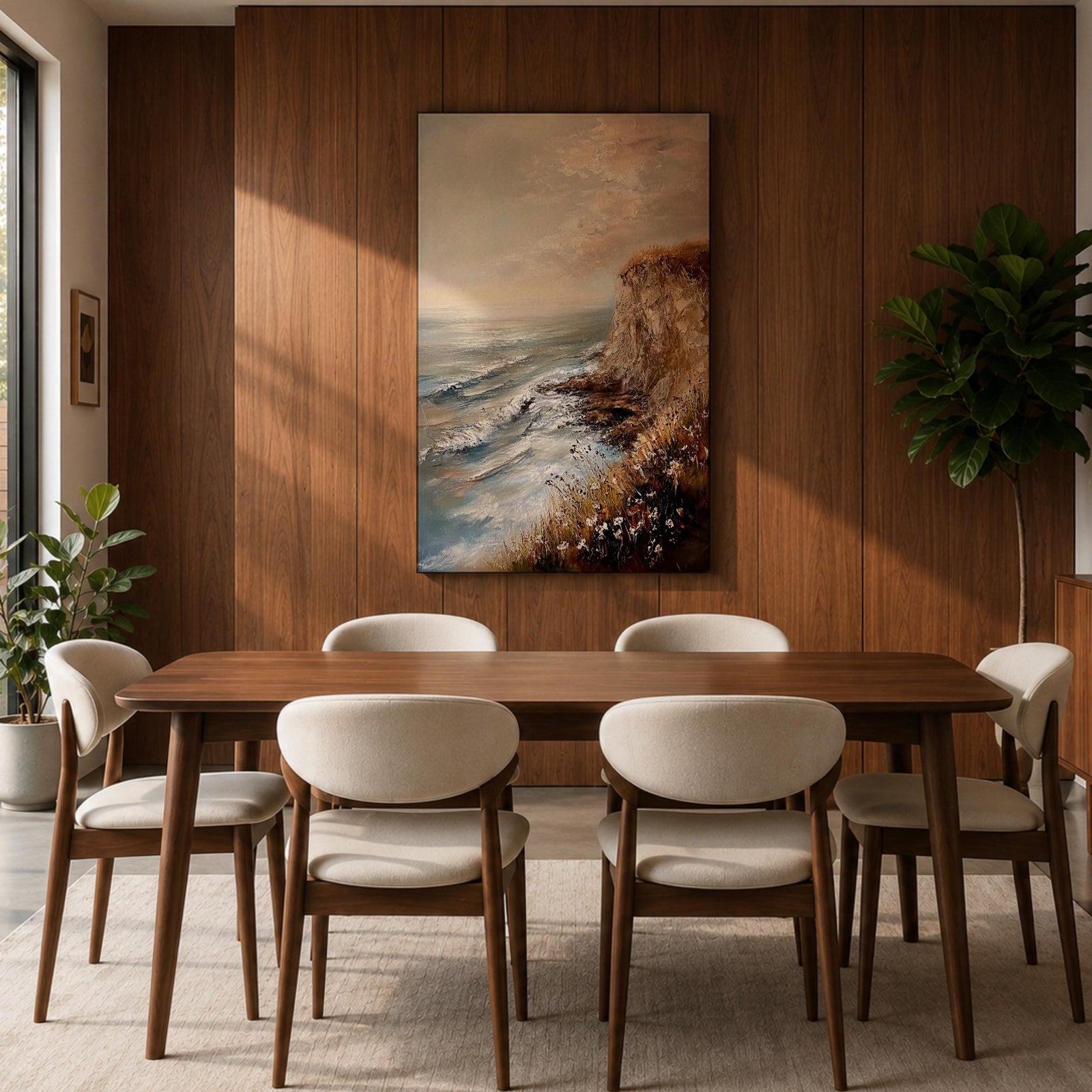 A vintage style framed canvas painting depicting a cliffside ocean seascape with waves crashing against rocky shores and wildflowers in the foreground. The textured brushwork captures the coastal landscape atmosphere with muted tones and a soft sky blending into the horizon.
