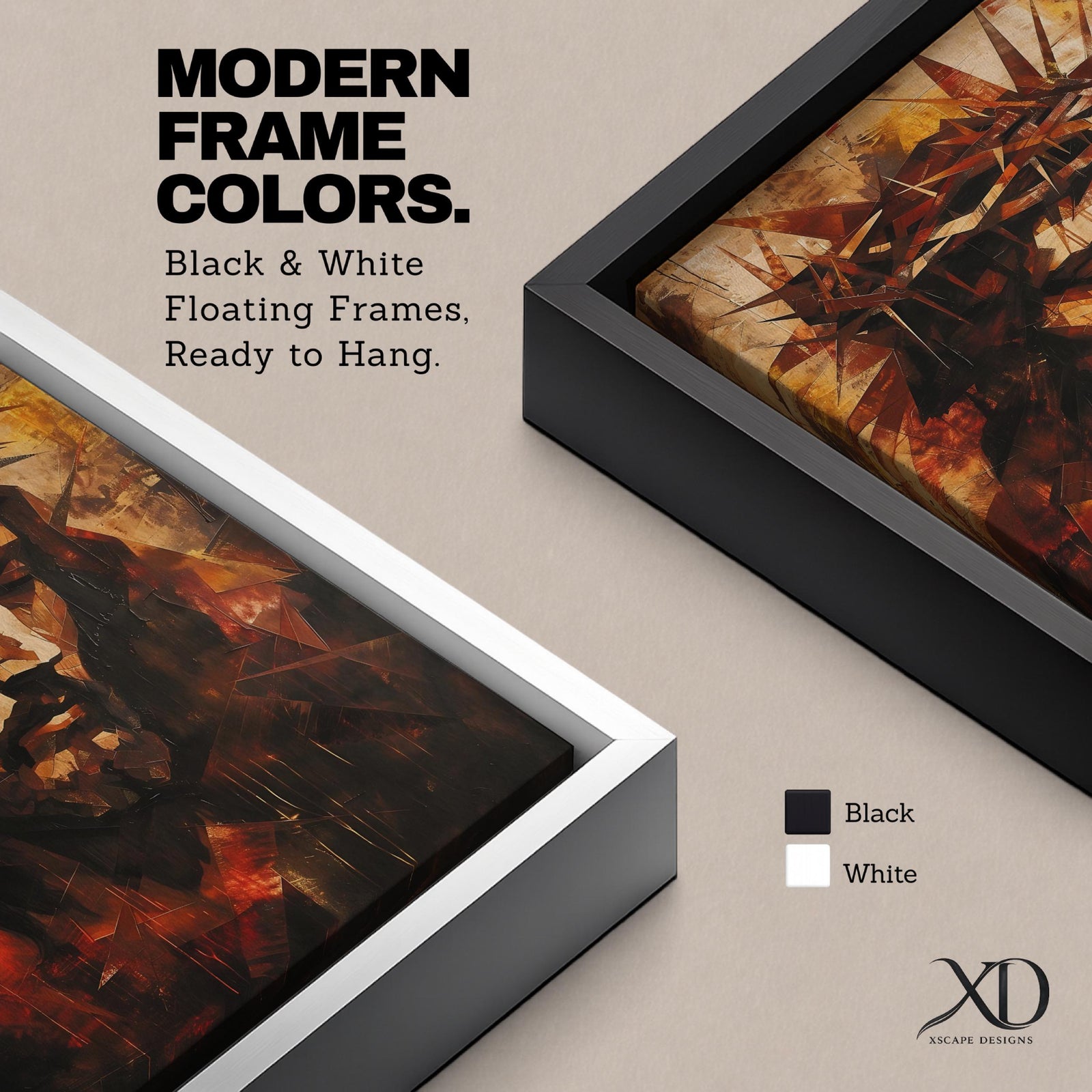 Geometric style portrait of Jesus Christ wearing a crown of thorns, rendered with angular fragmented shapes forming his solemn face and downward gaze. Warm tones of amber, red, and deep brown surround the figure, while sharp triangular forms emphasize the crown, creating a dramatic sacred portrait composition.
