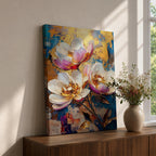 A vibrant impasto style floral painting featuring three large white and pink flowers with detailed petals and golden centers against a textured blue and gold background. The composition highlights thick brushstrokes and rich texture, emphasizing botanical beauty in a nature-inspired artwork.