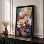 A vibrant impasto style floral painting featuring three large white and pink flowers with detailed petals and golden centers against a textured blue and gold background. The composition highlights thick brushstrokes and rich texture, emphasizing botanical beauty in a nature-inspired artwork.
