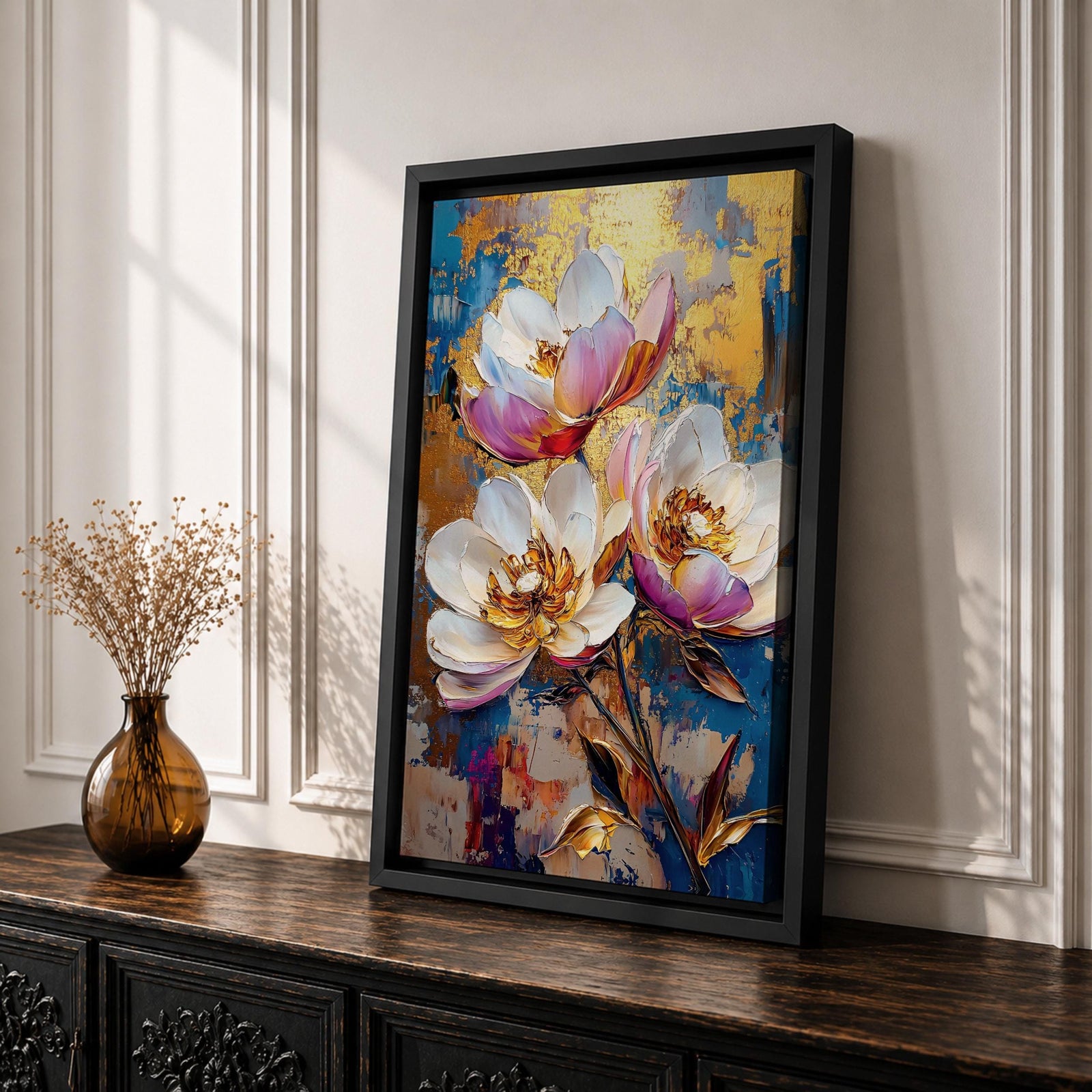 A vibrant impasto style floral painting featuring three large white and pink flowers with detailed petals and golden centers against a textured blue and gold background. The composition highlights thick brushstrokes and rich texture, emphasizing botanical beauty in a nature-inspired artwork.