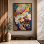 A vibrant impasto style floral painting featuring three large white and pink flowers with detailed petals and golden centers against a textured blue and gold background. The composition highlights thick brushstrokes and rich texture, emphasizing botanical beauty in a nature-inspired artwork.