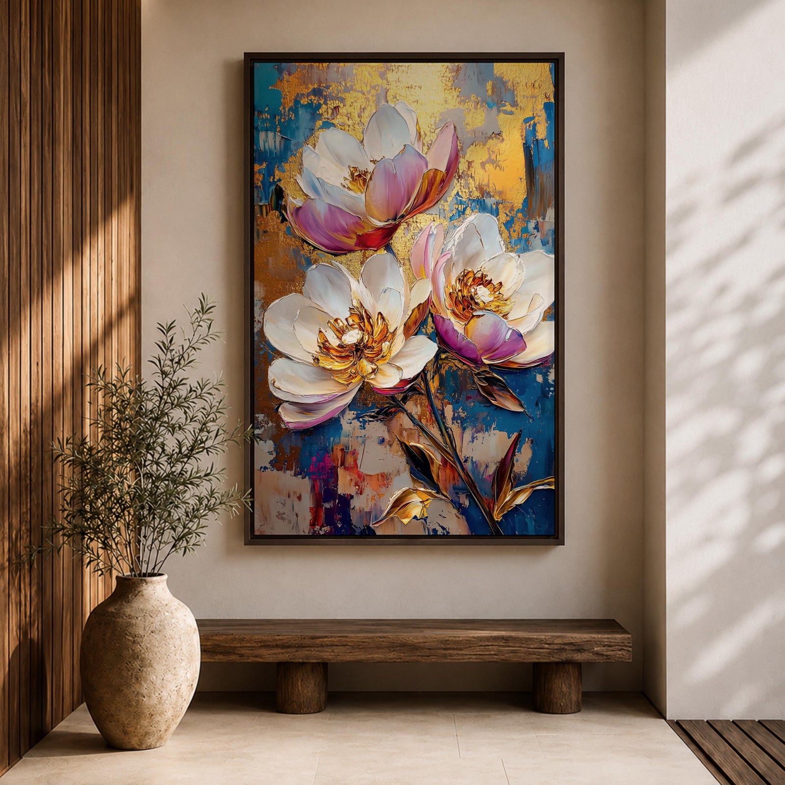 A vibrant impasto style floral painting featuring three large white and pink flowers with detailed petals and golden centers against a textured blue and gold background. The composition highlights thick brushstrokes and rich texture, emphasizing botanical beauty in a nature-inspired artwork.