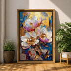 A vibrant impasto style floral painting featuring three large white and pink flowers with detailed petals and golden centers against a textured blue and gold background. The composition highlights thick brushstrokes and rich texture, emphasizing botanical beauty in a nature-inspired artwork.