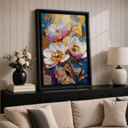 A vibrant impasto style floral painting featuring three large white and pink flowers with detailed petals and golden centers against a textured blue and gold background. The composition highlights thick brushstrokes and rich texture, emphasizing botanical beauty in a nature-inspired artwork.