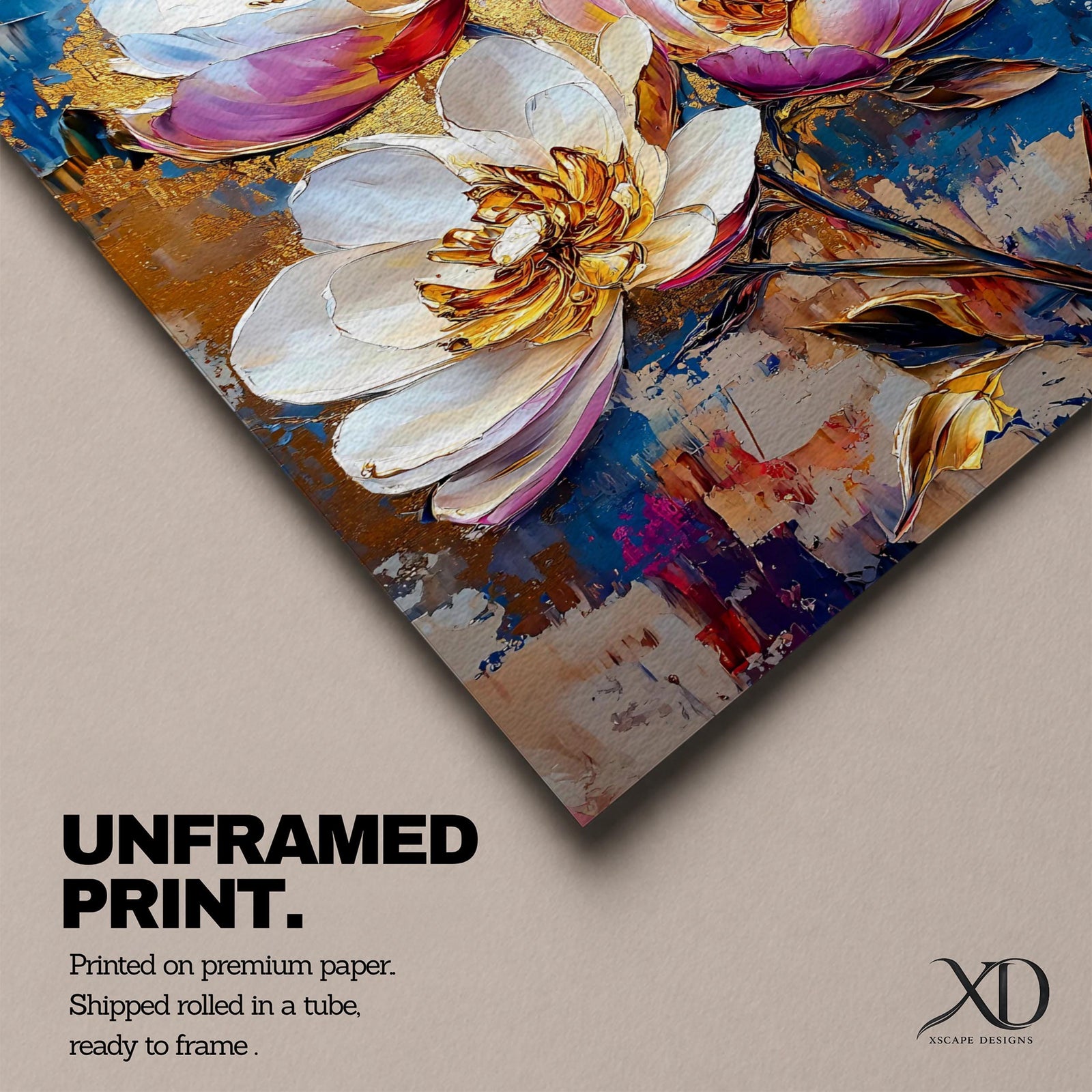 A vibrant impasto style floral painting featuring three large white and pink flowers with detailed petals and golden centers against a textured blue and gold background. The composition highlights thick brushstrokes and rich texture, emphasizing botanical beauty in a nature-inspired artwork.