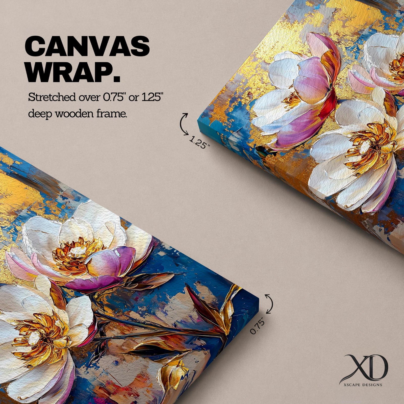 A vibrant impasto style floral painting featuring three large white and pink flowers with detailed petals and golden centers against a textured blue and gold background. The composition highlights thick brushstrokes and rich texture, emphasizing botanical beauty in a nature-inspired artwork.