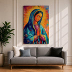 Colorful devotional painting of Our Lady of Guadalupe shown with hands clasped in prayer, wearing a blue star covered mantle over a rose dress while radiant golden rays form a glowing halo behind her figure. The composition presents the Virgin Mary in a vibrant painterly style with bold brushstrokes and centered sacred portrait.