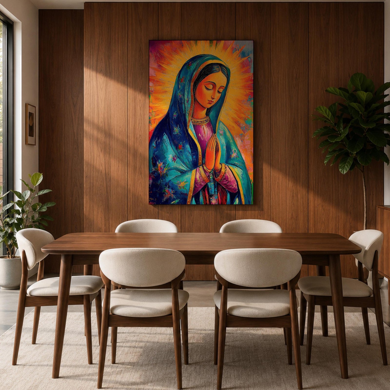 Colorful devotional painting of Our Lady of Guadalupe shown with hands clasped in prayer, wearing a blue star covered mantle over a rose dress while radiant golden rays form a glowing halo behind her figure. The composition presents the Virgin Mary in a vibrant painterly style with bold brushstrokes and centered sacred portrait.