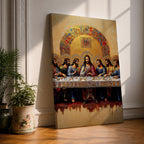 Christian painting of the Last Supper depicting Jesus seated at the center of a long table surrounded by the twelve apostles, rendered with detailed robes and expressive figures beneath a large golden mosaic arch. The composition emphasizes the Holy Communion moment in a traditional icon inspired style with rich textures and ornate detailing.