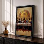 Christian painting of the Last Supper depicting Jesus seated at the center of a long table surrounded by the twelve apostles, rendered with detailed robes and expressive figures beneath a large golden mosaic arch. The composition emphasizes the Holy Communion moment in a traditional icon inspired style with rich textures and ornate detailing.