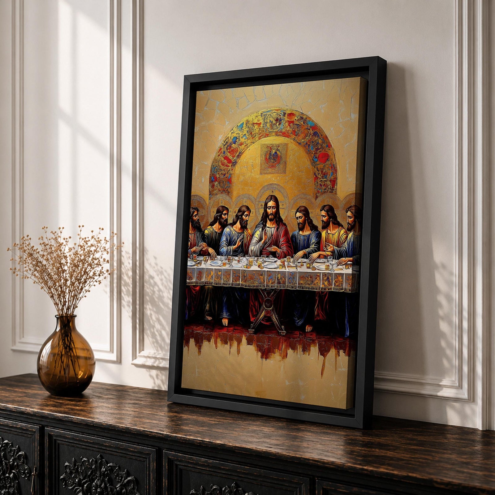 Christian painting of the Last Supper depicting Jesus seated at the center of a long table surrounded by the twelve apostles, rendered with detailed robes and expressive figures beneath a large golden mosaic arch. The composition emphasizes the Holy Communion moment in a traditional icon inspired style with rich textures and ornate detailing.