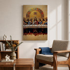 Christian painting of the Last Supper depicting Jesus seated at the center of a long table surrounded by the twelve apostles, rendered with detailed robes and expressive figures beneath a large golden mosaic arch. The composition emphasizes the Holy Communion moment in a traditional icon inspired style with rich textures and ornate detailing.