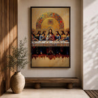Christian painting of the Last Supper depicting Jesus seated at the center of a long table surrounded by the twelve apostles, rendered with detailed robes and expressive figures beneath a large golden mosaic arch. The composition emphasizes the Holy Communion moment in a traditional icon inspired style with rich textures and ornate detailing.