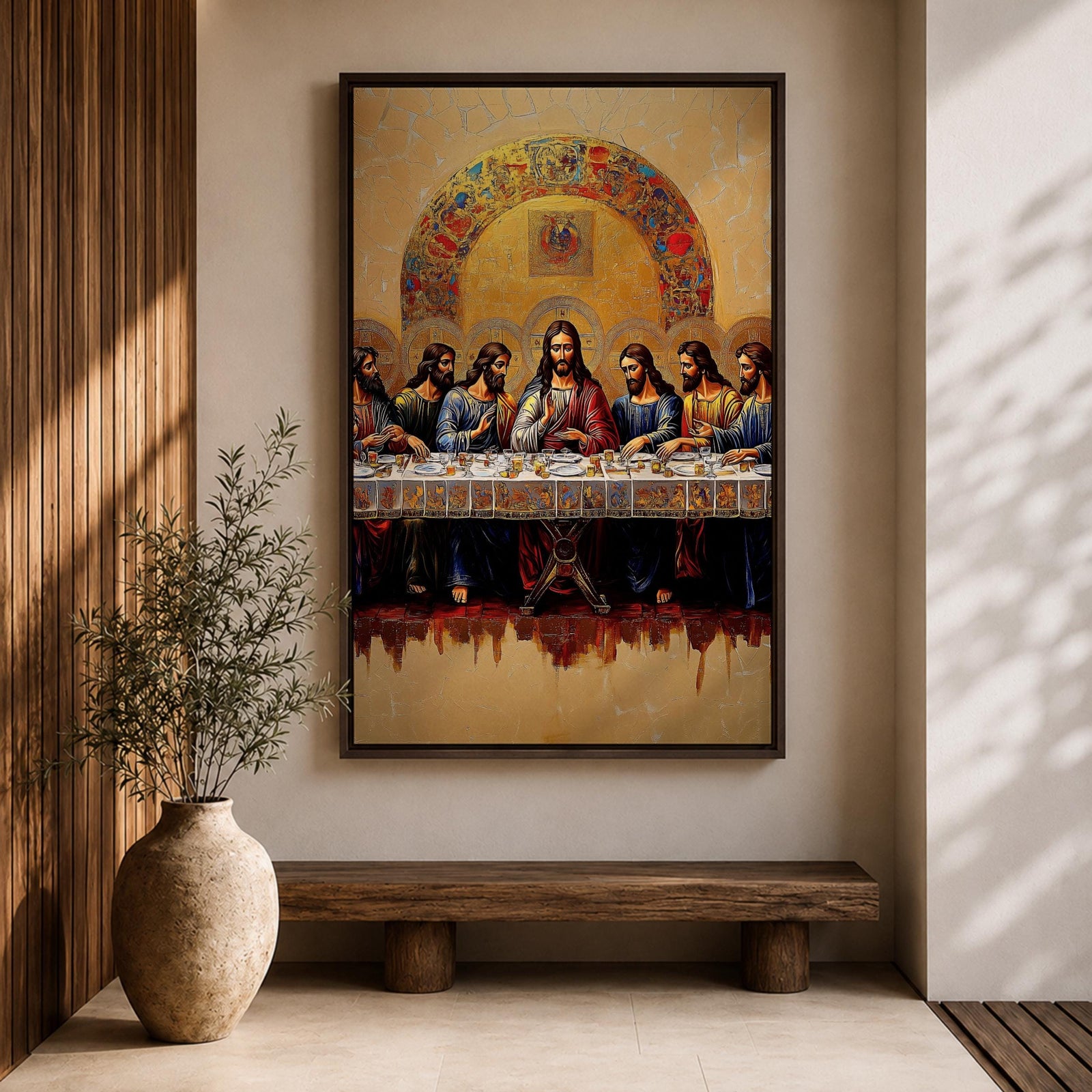 Christian painting of the Last Supper depicting Jesus seated at the center of a long table surrounded by the twelve apostles, rendered with detailed robes and expressive figures beneath a large golden mosaic arch. The composition emphasizes the Holy Communion moment in a traditional icon inspired style with rich textures and ornate detailing.