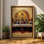 Christian painting of the Last Supper depicting Jesus seated at the center of a long table surrounded by the twelve apostles, rendered with detailed robes and expressive figures beneath a large golden mosaic arch. The composition emphasizes the Holy Communion moment in a traditional icon inspired style with rich textures and ornate detailing.