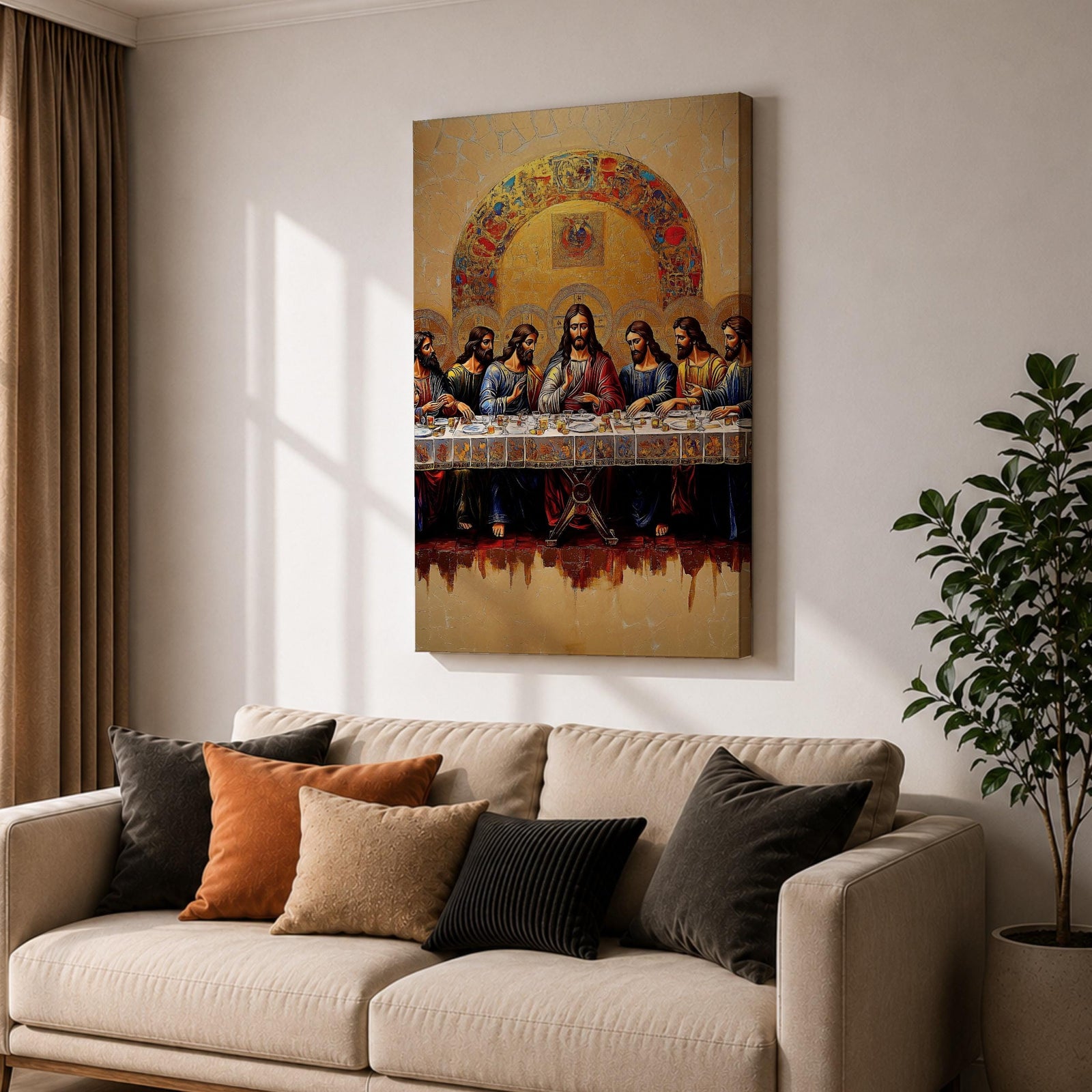 Christian painting of the Last Supper depicting Jesus seated at the center of a long table surrounded by the twelve apostles, rendered with detailed robes and expressive figures beneath a large golden mosaic arch. The composition emphasizes the Holy Communion moment in a traditional icon inspired style with rich textures and ornate detailing.