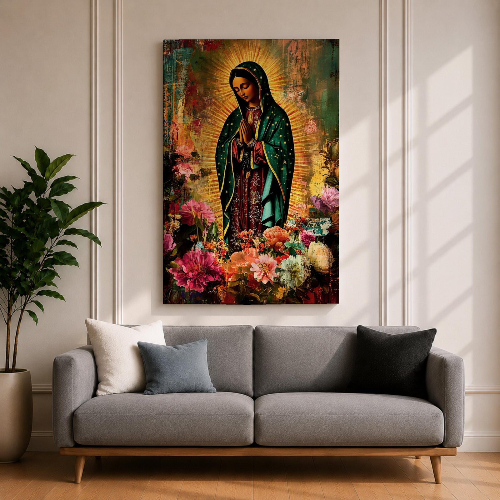 Devotional painting of Our Lady of Guadalupe standing with hands clasped in prayer, wearing a dark green star patterned mantle over a red dress and surrounded by radiant golden rays. The composition features colorful blooming flowers in the foreground framing the Virgin Mary in a vibrant painterly religious portrait.