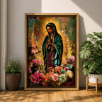 Devotional painting of Our Lady of Guadalupe standing with hands clasped in prayer, wearing a dark green star patterned mantle over a red dress and surrounded by radiant golden rays. The composition features colorful blooming flowers in the foreground framing the Virgin Mary in a vibrant painterly religious portrait.