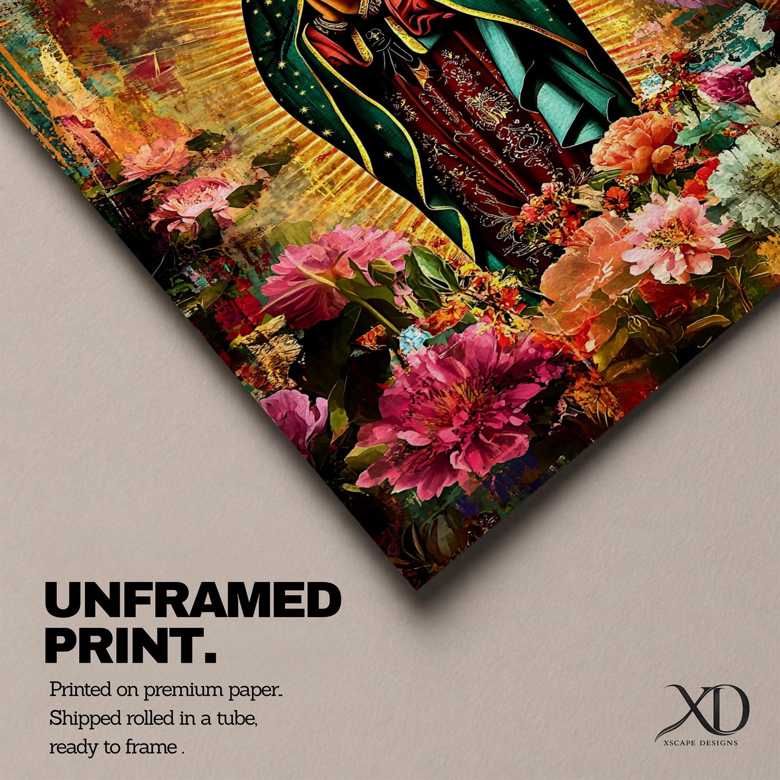 Devotional painting of Our Lady of Guadalupe standing with hands clasped in prayer, wearing a dark green star patterned mantle over a red dress and surrounded by radiant golden rays. The composition features colorful blooming flowers in the foreground framing the Virgin Mary in a vibrant painterly religious portrait.