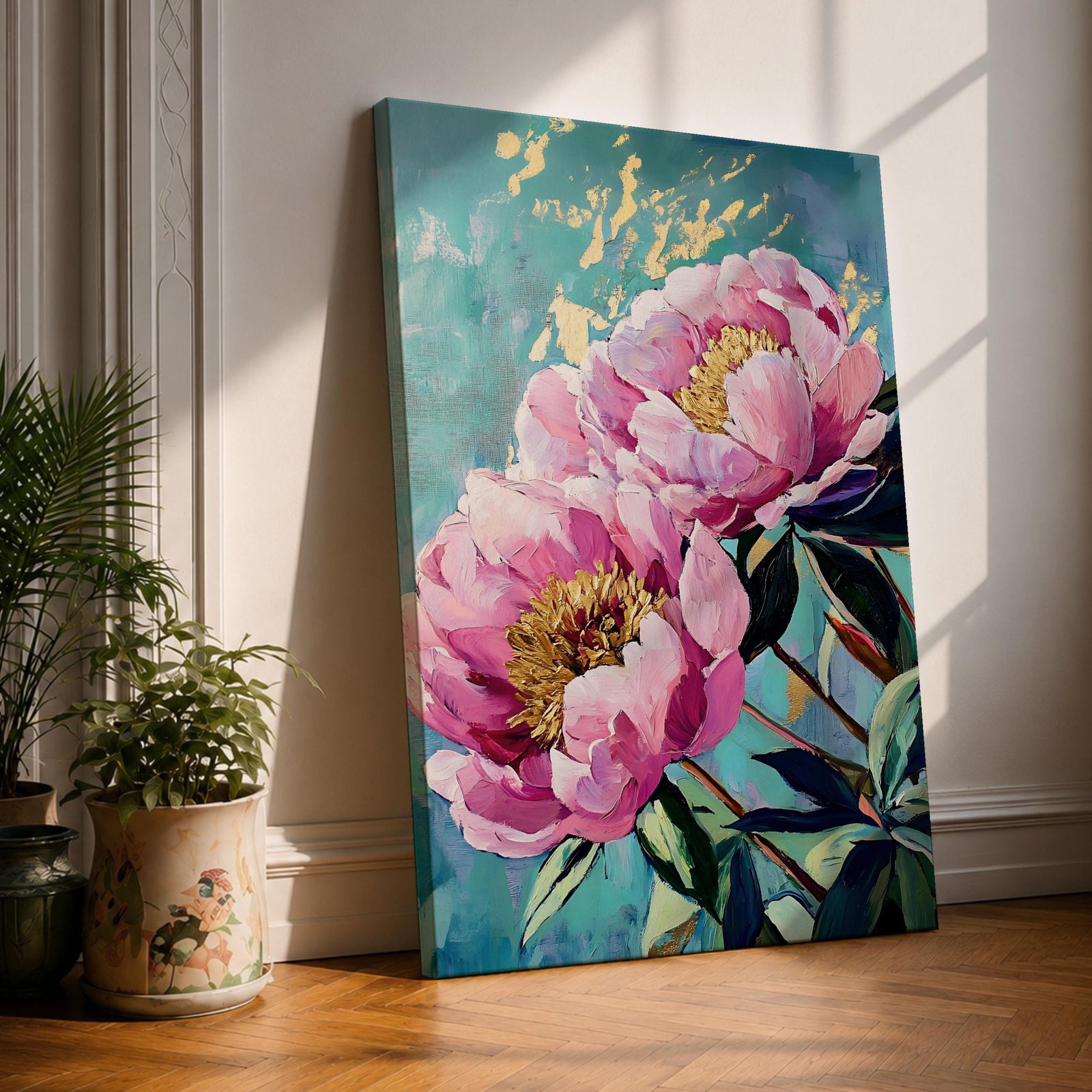 A vibrant impasto style painting of two large pink peony flowers with textured petals and golden centers set against a teal background with gold leaf accents, capturing the lush detail and depth of the floral composition.