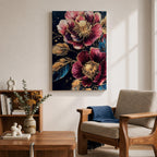 A detailed painting of two large blooming flowers with intricate petals and golden accents on dark background, featuring textured leaves and a rich botanical theme, rendered in a realistic style emphasizing natural floral beauty and elegance.