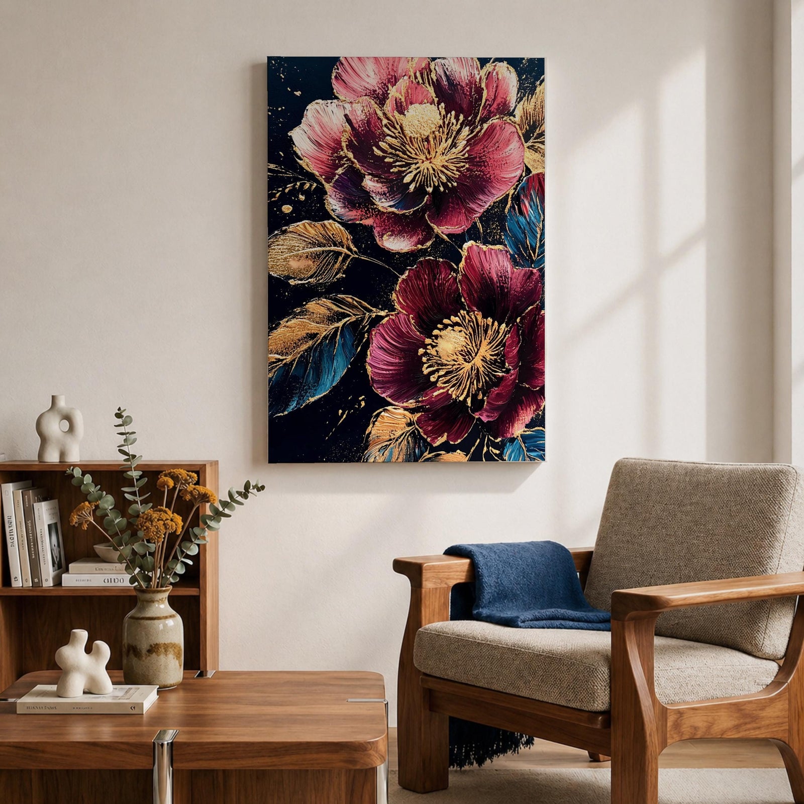 A detailed painting of two large blooming flowers with intricate petals and golden accents on dark background, featuring textured leaves and a rich botanical theme, rendered in a realistic style emphasizing natural floral beauty and elegance.