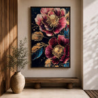 A detailed painting of two large blooming flowers with intricate petals and golden accents on dark background, featuring textured leaves and a rich botanical theme, rendered in a realistic style emphasizing natural floral beauty and elegance.
