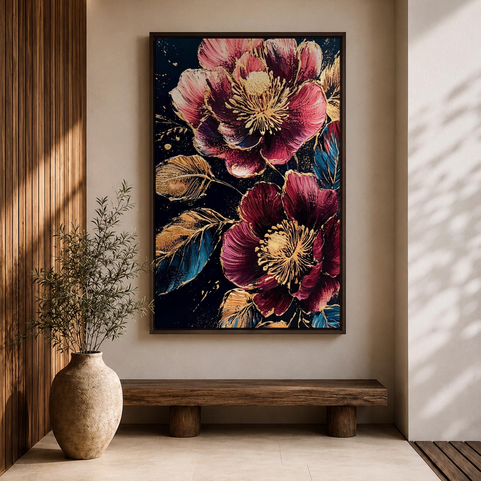 A detailed painting of two large blooming flowers with intricate petals and golden accents on dark background, featuring textured leaves and a rich botanical theme, rendered in a realistic style emphasizing natural floral beauty and elegance.