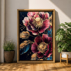 A detailed painting of two large blooming flowers with intricate petals and golden accents on dark background, featuring textured leaves and a rich botanical theme, rendered in a realistic style emphasizing natural floral beauty and elegance.