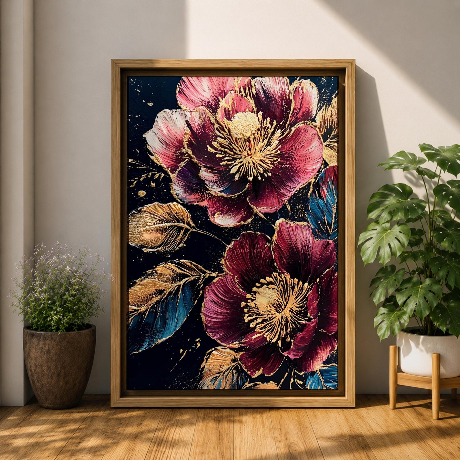 A detailed painting of two large blooming flowers with intricate petals and golden accents on dark background, featuring textured leaves and a rich botanical theme, rendered in a realistic style emphasizing natural floral beauty and elegance.
