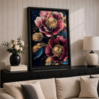 A detailed painting of two large blooming flowers with intricate petals and golden accents on dark background, featuring textured leaves and a rich botanical theme, rendered in a realistic style emphasizing natural floral beauty and elegance.