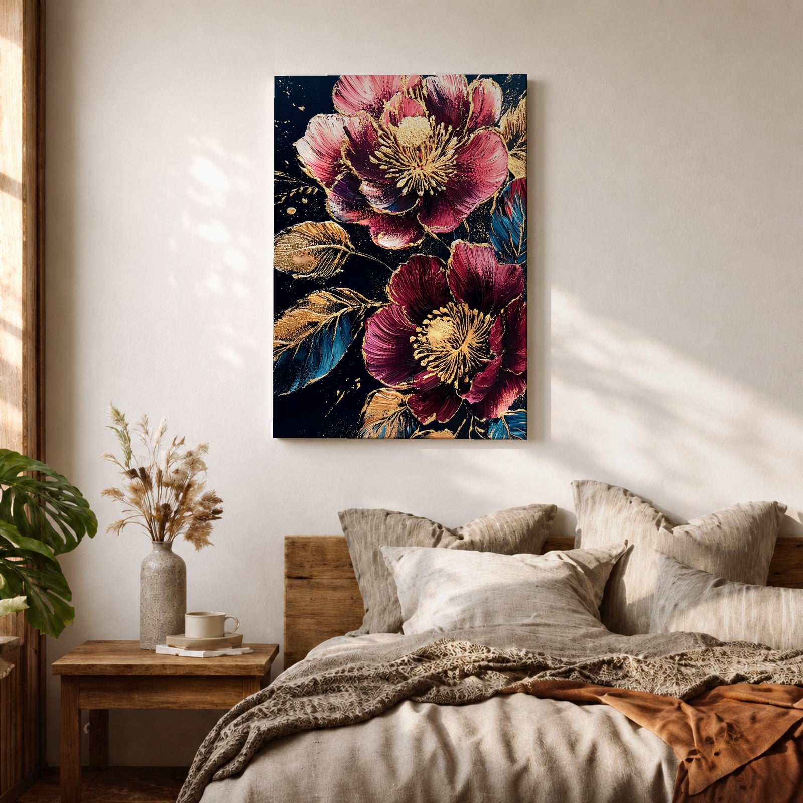A detailed painting of two large blooming flowers with intricate petals and golden accents on dark background, featuring textured leaves and a rich botanical theme, rendered in a realistic style emphasizing natural floral beauty and elegance.