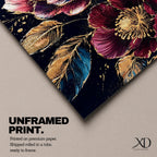 A detailed painting of two large blooming flowers with intricate petals and golden accents on dark background, featuring textured leaves and a rich botanical theme, rendered in a realistic style emphasizing natural floral beauty and elegance.