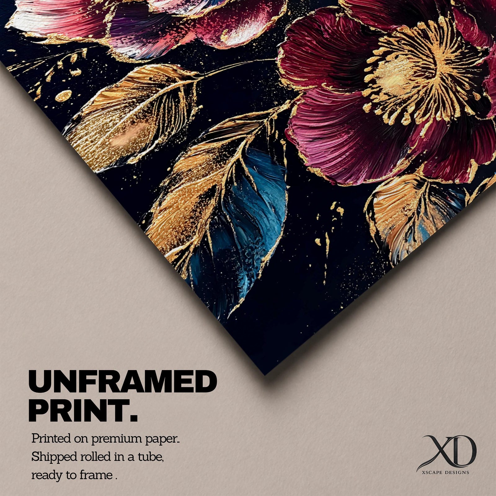 A detailed painting of two large blooming flowers with intricate petals and golden accents on dark background, featuring textured leaves and a rich botanical theme, rendered in a realistic style emphasizing natural floral beauty and elegance.