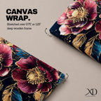 A detailed painting of two large blooming flowers with intricate petals and golden accents on dark background, featuring textured leaves and a rich botanical theme, rendered in a realistic style emphasizing natural floral beauty and elegance.