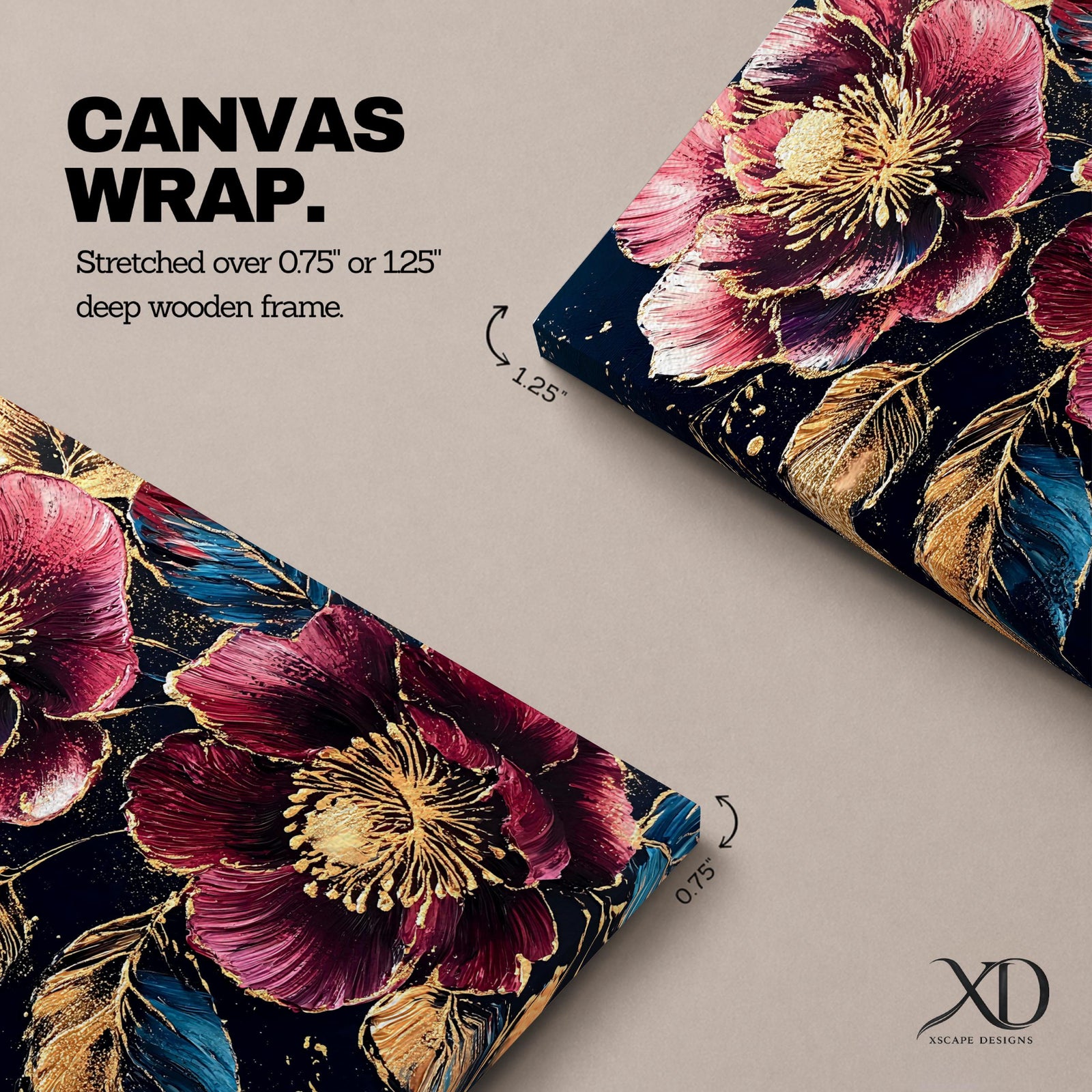 A detailed painting of two large blooming flowers with intricate petals and golden accents on dark background, featuring textured leaves and a rich botanical theme, rendered in a realistic style emphasizing natural floral beauty and elegance.