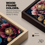 A detailed painting of two large blooming flowers with intricate petals and golden accents on dark background, featuring textured leaves and a rich botanical theme, rendered in a realistic style emphasizing natural floral beauty and elegance.
