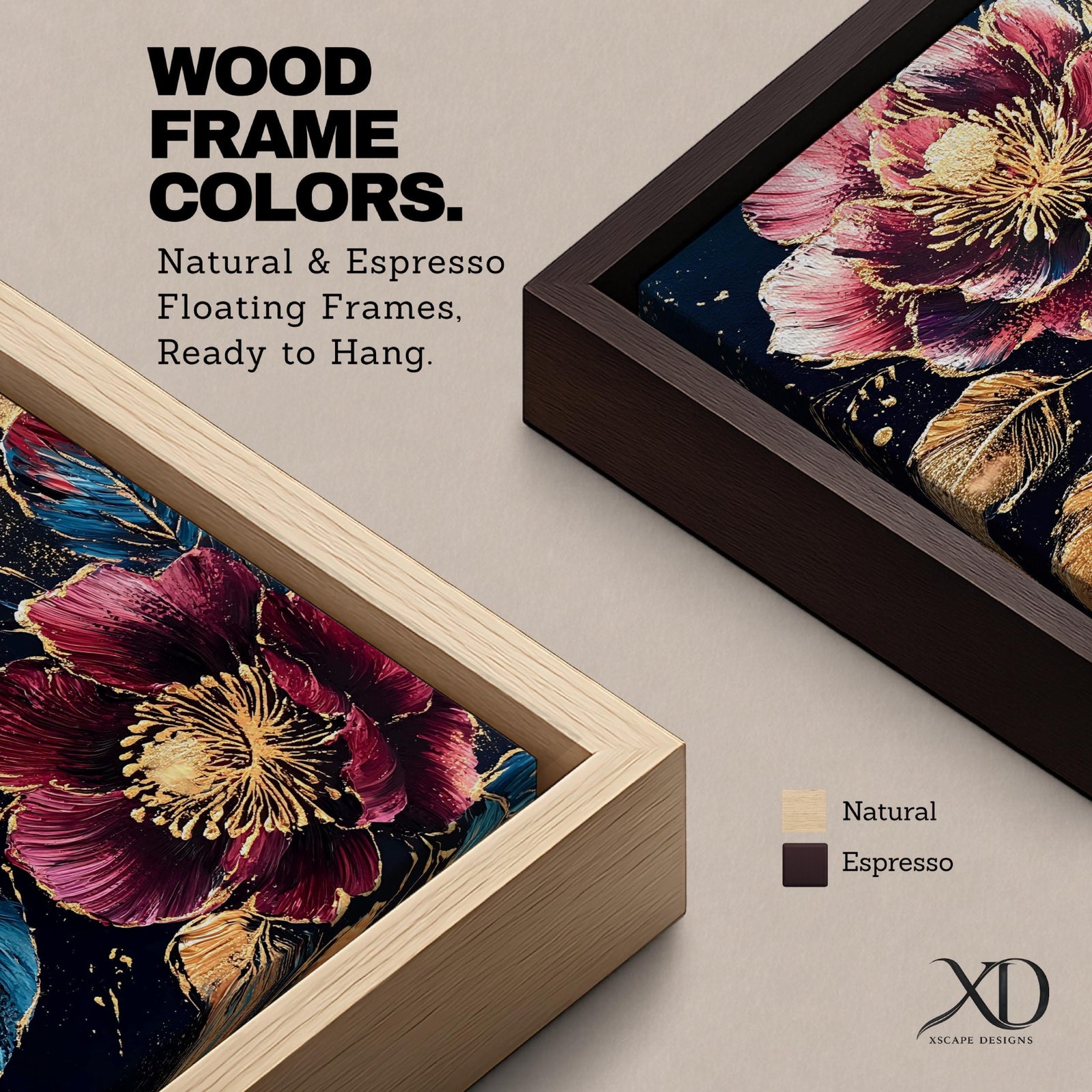 A detailed painting of two large blooming flowers with intricate petals and golden accents on dark background, featuring textured leaves and a rich botanical theme, rendered in a realistic style emphasizing natural floral beauty and elegance.